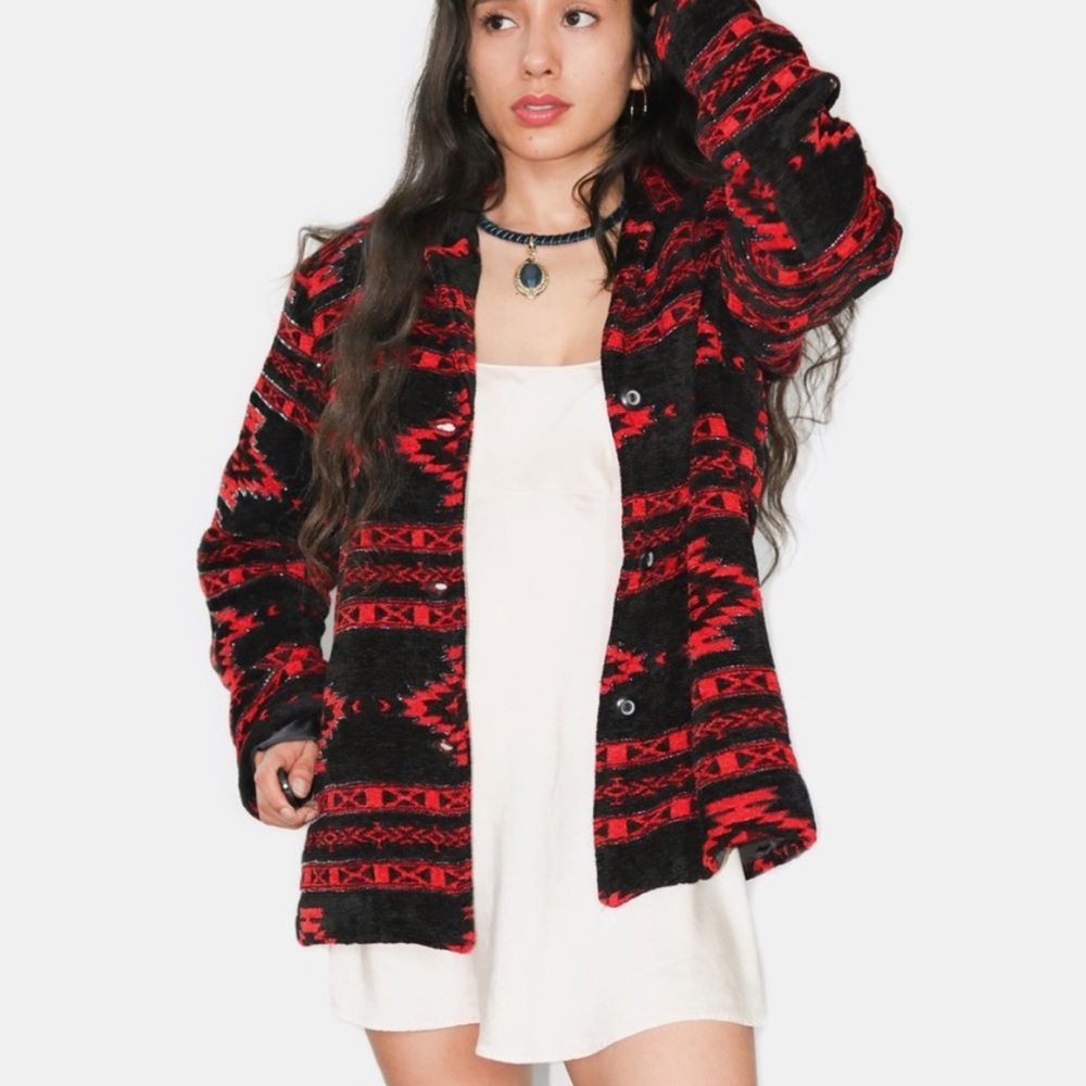 Vintage 90s Chenille Southwestern Beaded Blazer Jacket - Picture 3 of 16